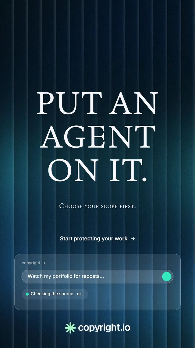Instagram story for copyright.io: "Put an agent on it." Agentic glass style, smallcaps layout, dark palette in black, blue.