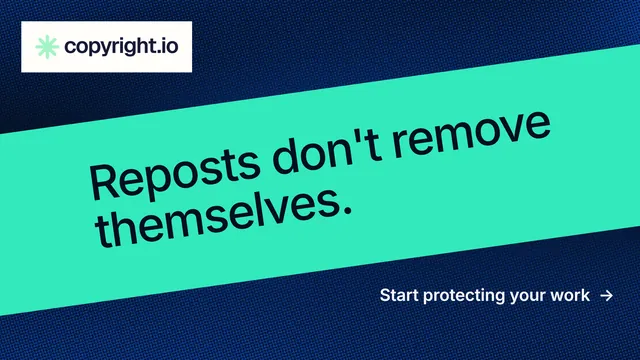 Landscape graphic for copyright.io: "Reposts don't remove themselves." Minimal luxury style, diagonal layout, light palette in teal, blue.