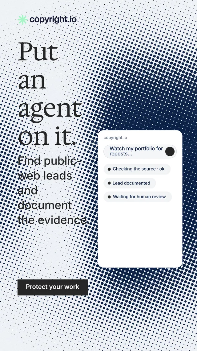 Instagram story for copyright.io: "Put an agent on it." Split block style, skeleton layout, light palette in grey, blue, white.