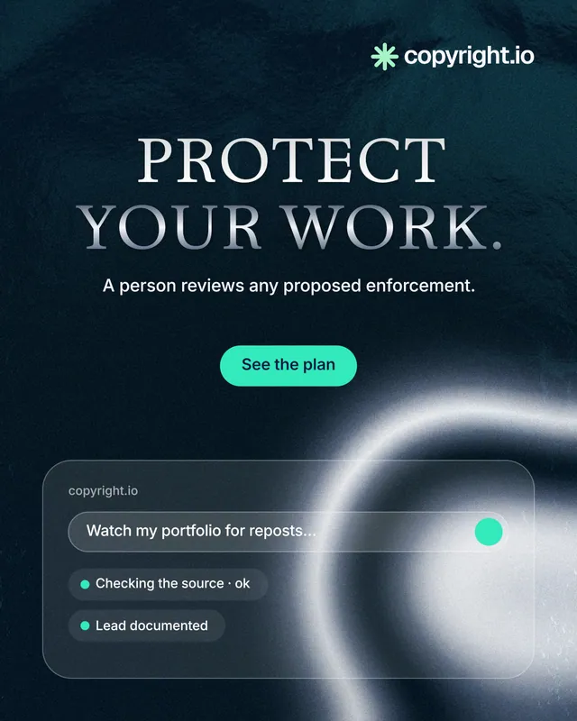 Instagram portrait post for copyright.io: "Protect your work." Y2K style, centred layout, dark palette in blue, black, grey.