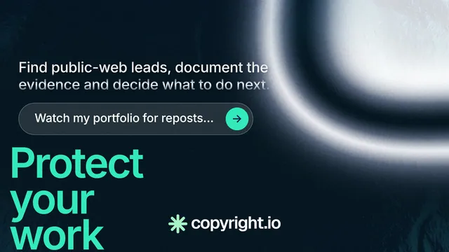 Landscape graphic for copyright.io: "Protect your work." Agentic glass style, oversized layout, dark palette in black, blue, grey.