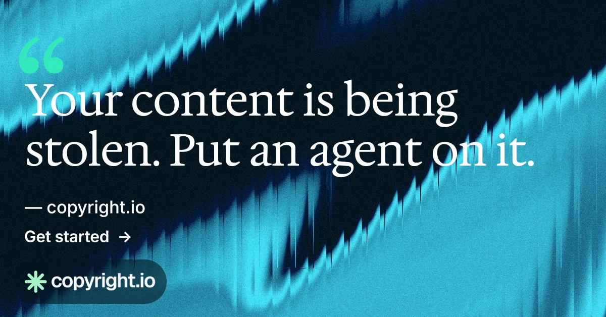 Social ad for copyright.io: "Reposts don't remove themselves." Minimal luxury style, quote layout, dark palette in black, teal, blue.