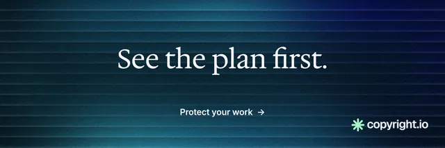 X header for copyright.io: "See the plan first." Minimal luxury style, centred layout, dark palette in blue, black.