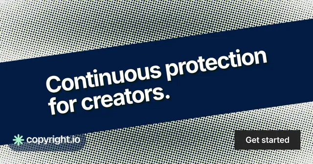 Social ad for copyright.io: "Continuous protection for creators." Swiss style, diagonal layout, dark palette in blue, grey.