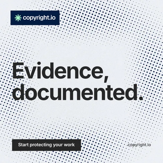 Instagram post for copyright.io: "Evidence, documented." Swiss style, poster layout, light palette in white, blue, grey.