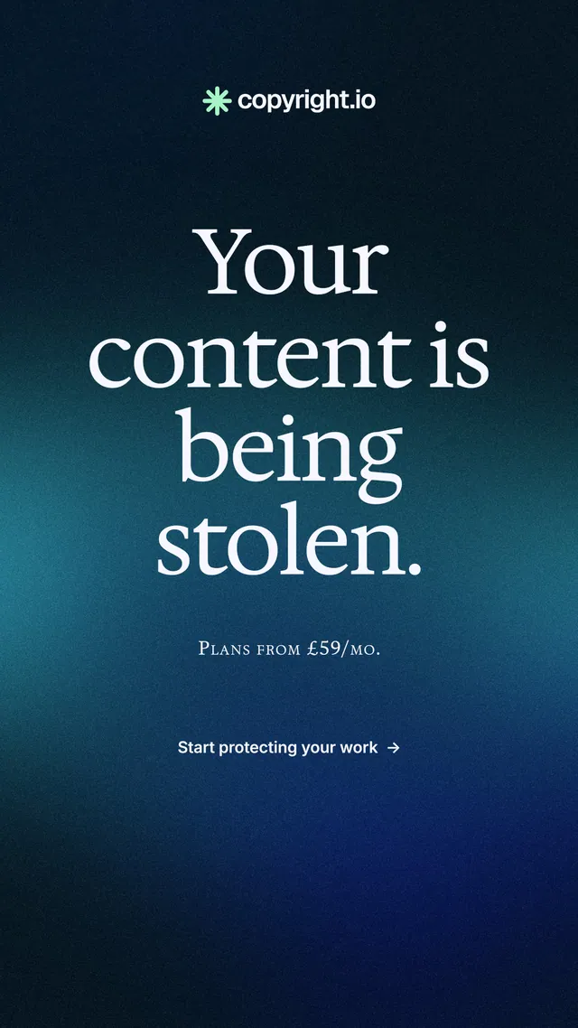 Instagram story for copyright.io: "Your content is being stolen." Swiss style, smallcaps layout, dark palette in blue, black.