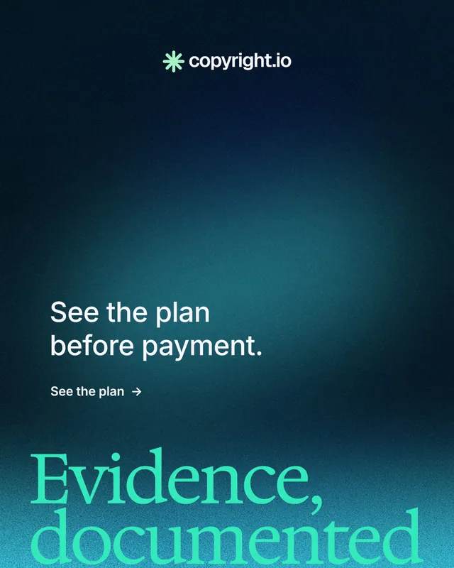 Instagram portrait post for copyright.io: "Your content is being stolen." Minimal luxury style, oversized layout, dark palette in black, blue, teal.