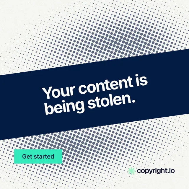 Instagram post for copyright.io: "Your content is being stolen." Swiss style, diagonal layout, light palette in white, blue, grey.