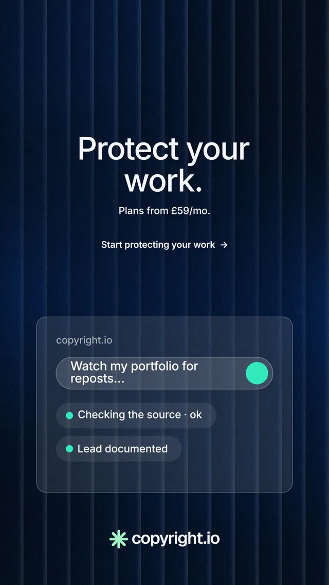 Instagram story for copyright.io: "Protect your work." Minimal luxury style, centred layout, dark palette in blue, black.