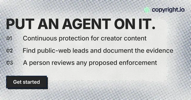 Social ad for copyright.io: "Put an agent on it." Brutalist style, numbered layout, light palette in grey, white.