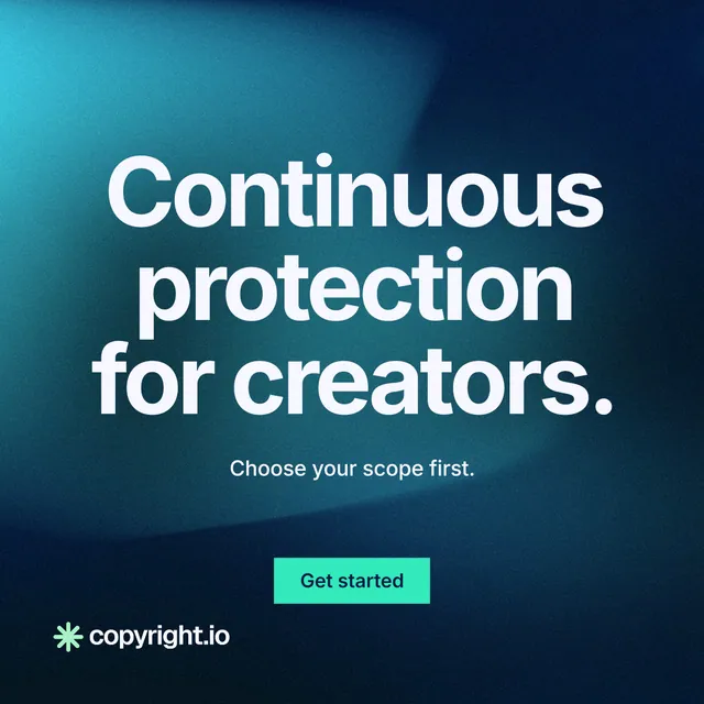 Instagram post for copyright.io: "Continuous protection for creators." Swiss style, centred layout, dark palette in black, blue, teal.