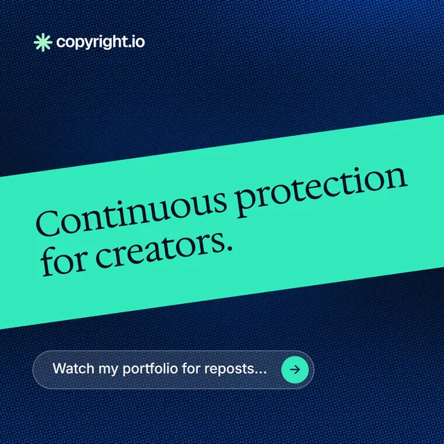 Instagram post for copyright.io: "Continuous protection for creators." Agentic glass style, diagonal layout, dark palette in teal, blue.