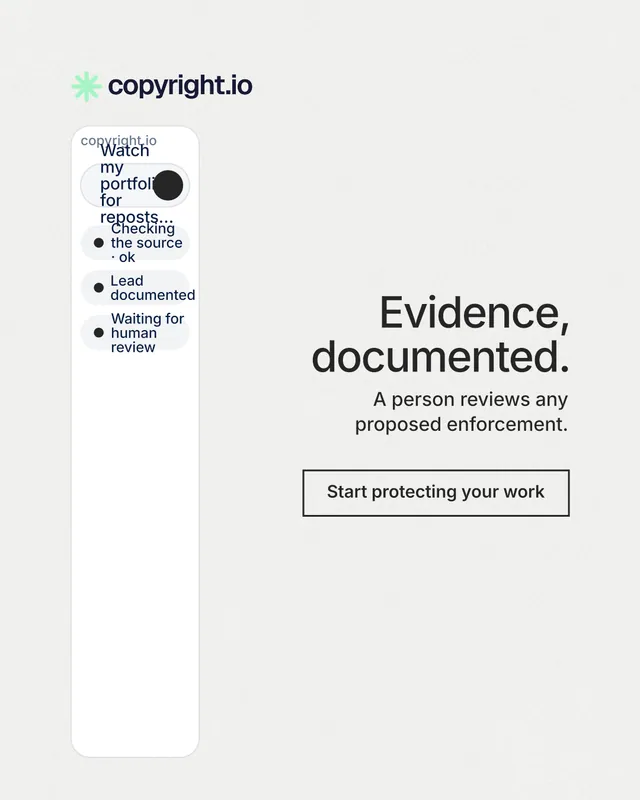 Instagram portrait post for copyright.io: "Evidence, documented." Editorial style, right layout, light palette in white.