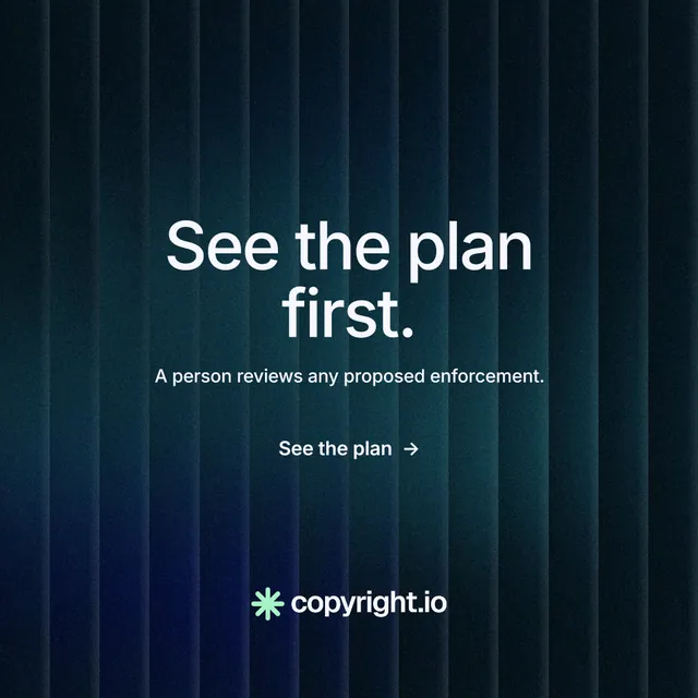 Instagram post for copyright.io: "See the plan first." Minimal luxury style, centred layout, dark palette in black, blue.