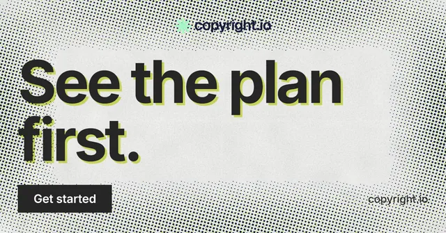 Social ad for copyright.io: "See the plan first." Swiss style, poster layout, light palette in grey, white.