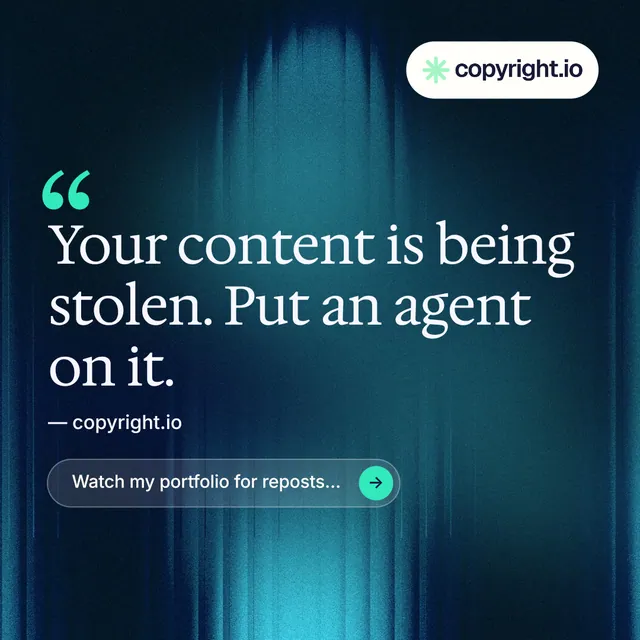 Instagram post for copyright.io: "Evidence, documented." Agentic glass style, quote layout, dark palette in black, blue, teal.