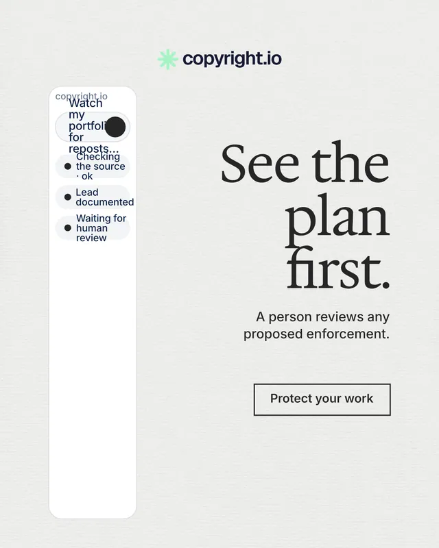Instagram portrait post for copyright.io: "See the plan first." Editorial style, right layout, light palette in white, grey.