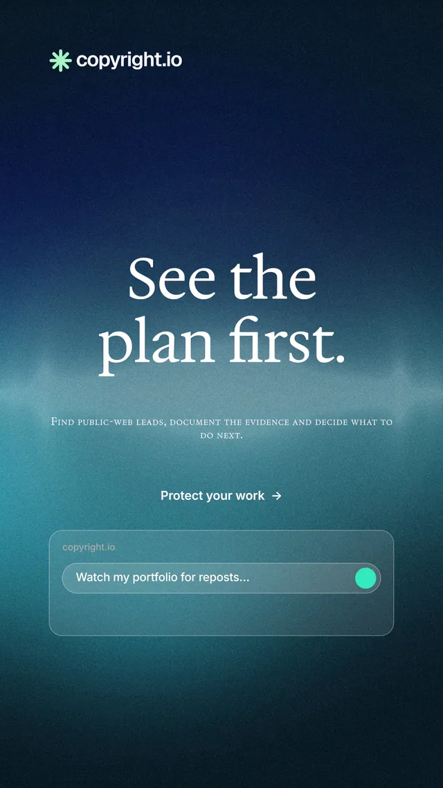Instagram story for copyright.io: "See the plan first." Minimal luxury style, smallcaps layout, dark palette in teal, black, blue.