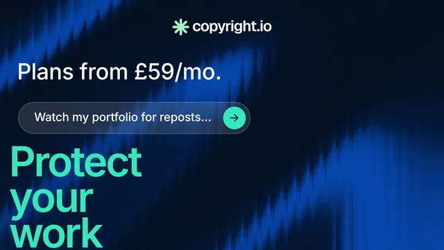 Landscape graphic for copyright.io: "Your content is being stolen." Agentic glass style, oversized layout, dark palette in black, blue.