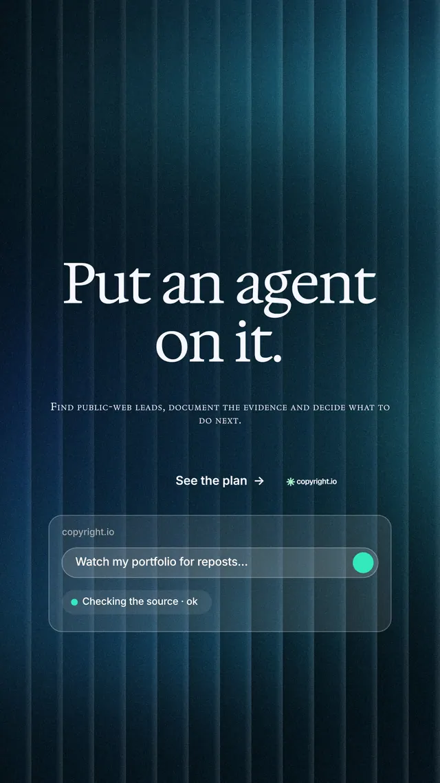 Instagram story for copyright.io: "Put an agent on it." Minimal luxury style, smallcaps layout, dark palette in blue, black.