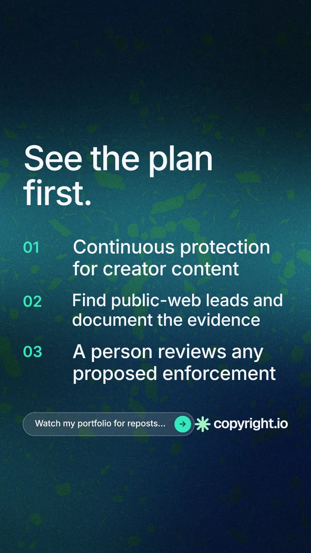 Instagram story for copyright.io: "See the plan first." Agentic glass style, numbered layout, dark palette in black, blue, teal.