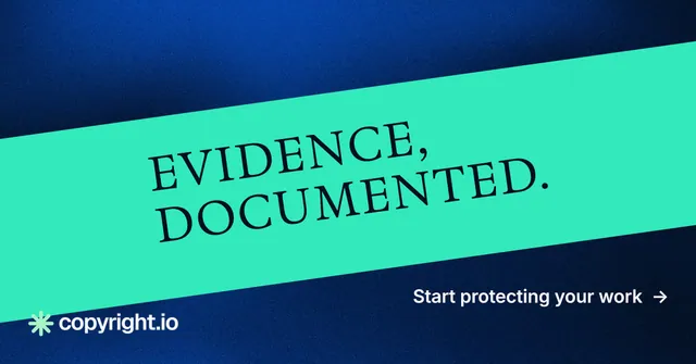 Social ad for copyright.io: "Evidence, documented." Minimal luxury style, diagonal layout, light palette in teal, blue.