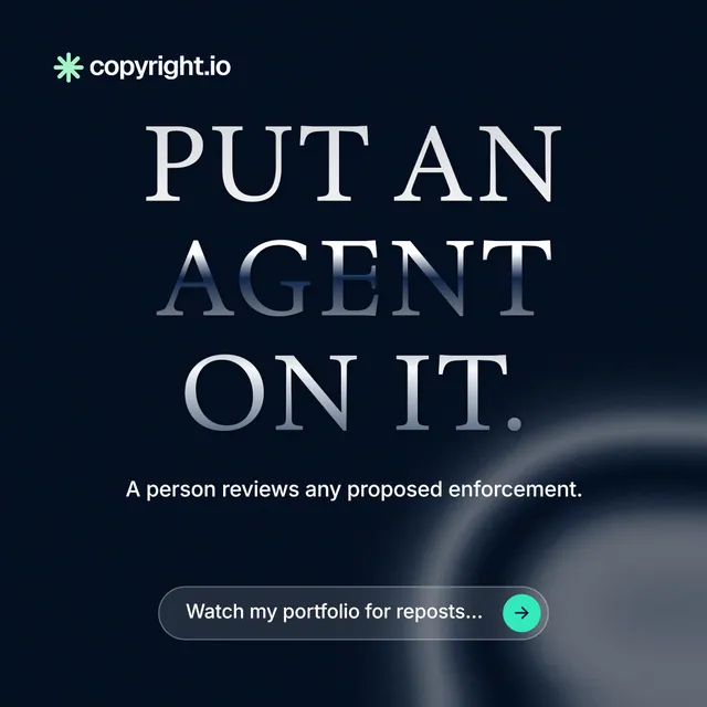 Instagram post for copyright.io: "Put an agent on it." Agentic glass style, centred layout, dark palette in black, grey.