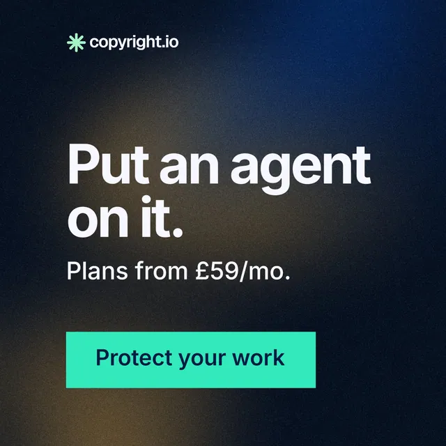 Instagram post for copyright.io: "Put an agent on it." Swiss style, skeleton layout, dark palette in black, blue, grey.