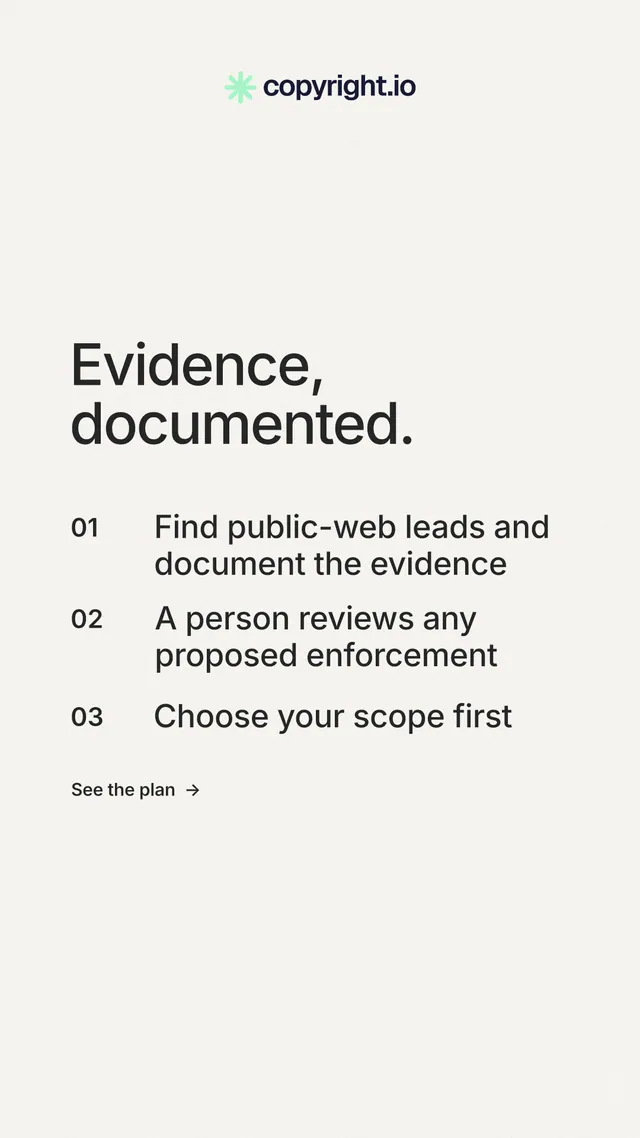 Instagram story for copyright.io: "Evidence, documented." Minimal luxury style, numbered layout, light palette in white, grey.
