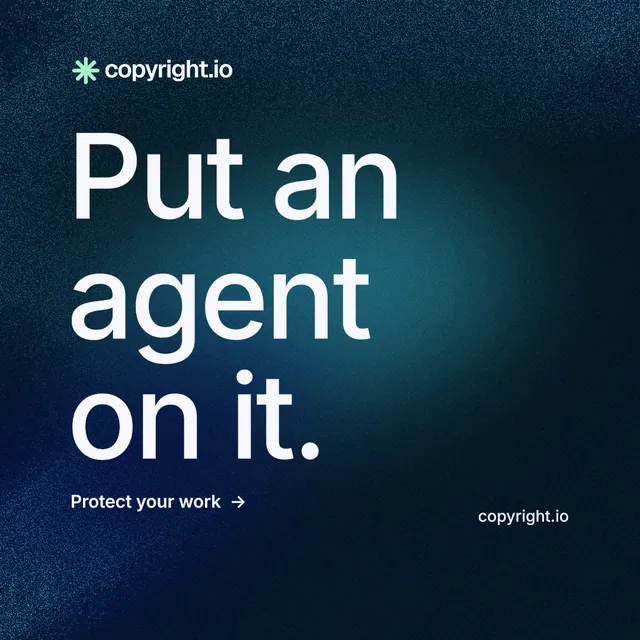 Instagram post for copyright.io: "Put an agent on it." Minimal luxury style, poster layout, dark palette in blue, black.