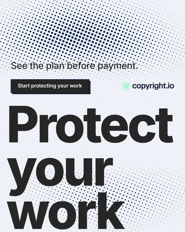Instagram portrait post for copyright.io: "Reposts don't remove themselves." Brutalist style, oversized layout, light palette in white, blue, grey.