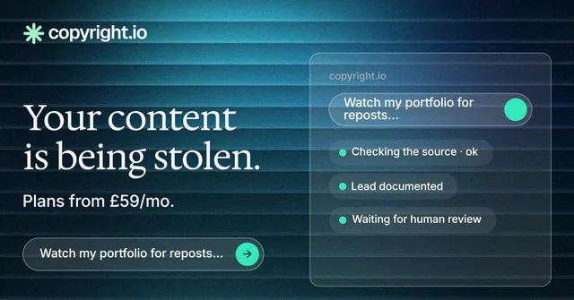 Social ad for copyright.io: "Your content is being stolen." Agentic glass style, bottom layout, dark palette in blue, black.
