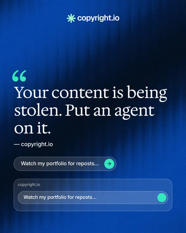 Instagram portrait post for copyright.io: "Reposts don't remove themselves." Agentic glass style, quote layout, dark palette in black, blue.