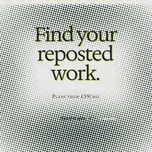 Instagram post for copyright.io: "Find your reposted work." Swiss style, smallcaps layout, light palette in grey, white.