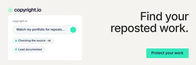 X header for copyright.io: "Find your reposted work." Swiss style, right layout, light palette in white, teal.