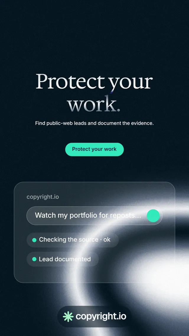 Instagram story for copyright.io: "Protect your work." Y2K style, centred layout, dark palette in black, blue, grey.