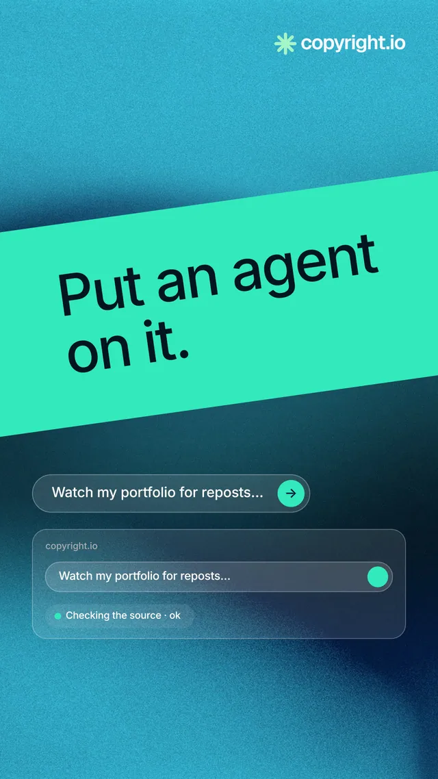 Instagram story for copyright.io: "Put an agent on it." Agentic glass style, diagonal layout, light palette in teal, blue.