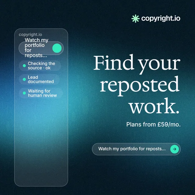 Instagram post for copyright.io: "Find your reposted work." Agentic glass style, right layout, dark palette in black, teal, blue.