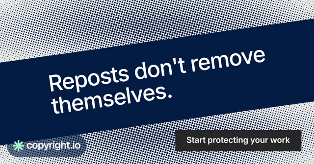 Social ad for copyright.io: "Reposts don't remove themselves." Swiss style, diagonal layout, dark palette in blue, grey.