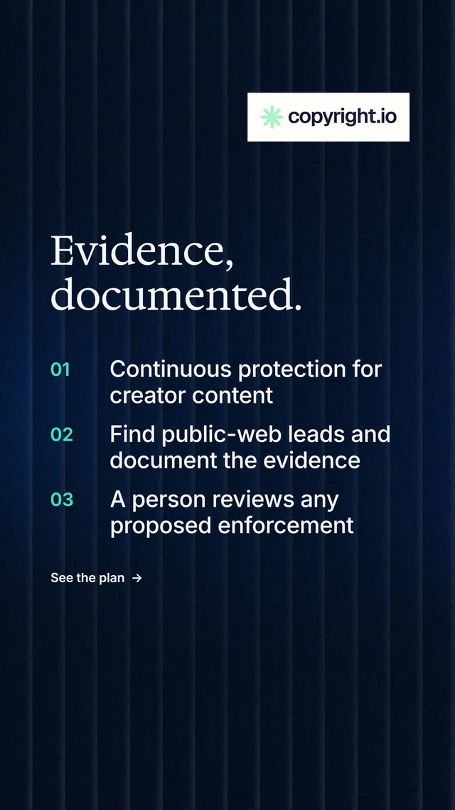 Instagram story for copyright.io: "Evidence, documented." Minimal luxury style, numbered layout, dark palette in black, blue.