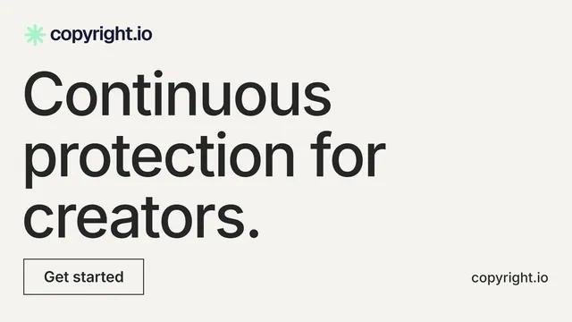 Landscape graphic for copyright.io: "Continuous protection for creators." Editorial style, poster layout, light palette in white, grey, green.