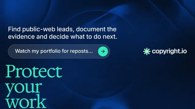 Landscape graphic for copyright.io: "Reposts don't remove themselves." Agentic glass style, oversized layout, dark palette in blue, black.