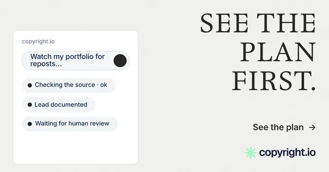 Social ad for copyright.io: "See the plan first." Minimal luxury style, right layout, light palette in white.