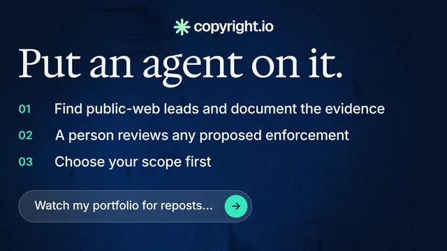 Landscape graphic for copyright.io: "Put an agent on it." Agentic glass style, numbered layout, dark palette in blue, black.