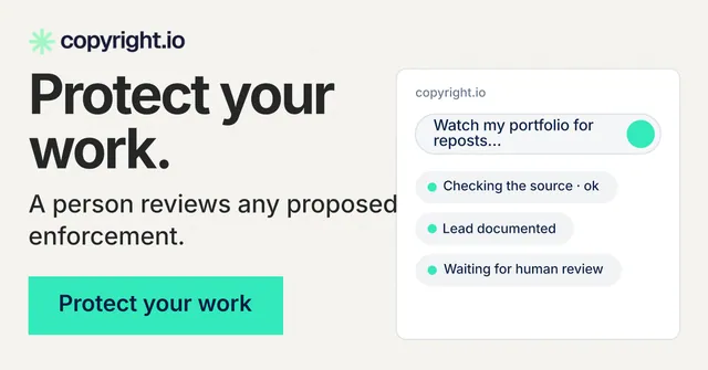Social ad for copyright.io: "Protect your work." Swiss style, skeleton layout, light palette in white, teal.