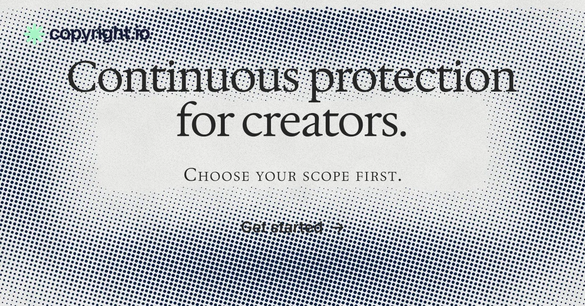 Social ad for copyright.io: "Continuous protection for creators." Swiss style, smallcaps layout, light palette in grey, white.