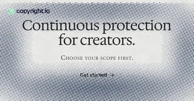 Social ad for copyright.io: "Continuous protection for creators." Swiss style, smallcaps layout, light palette in grey, white.