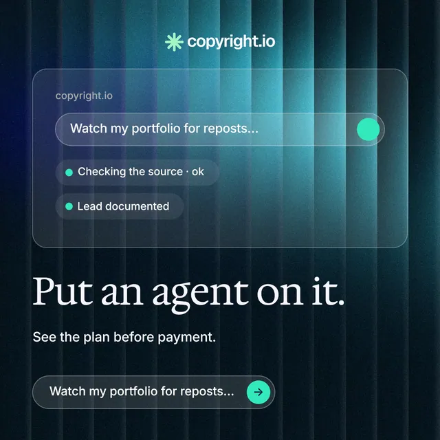 Instagram post for copyright.io: "Put an agent on it." Agentic glass style, bottom layout, dark palette in blue, teal, black.