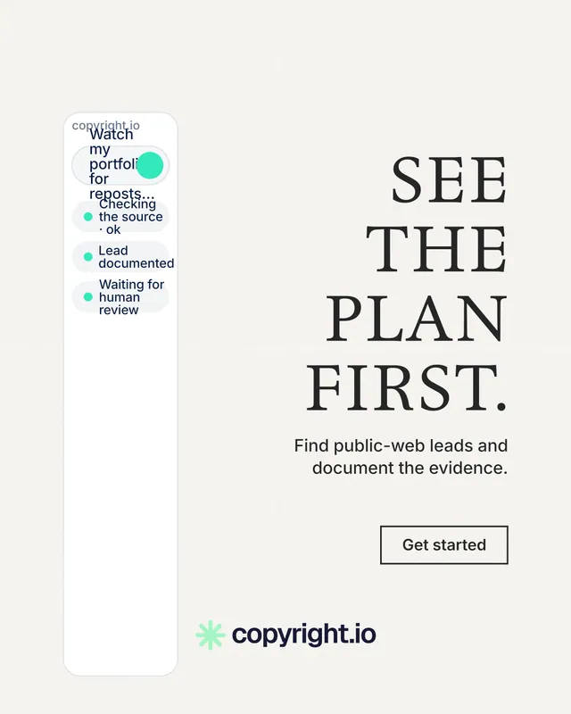 Instagram portrait post for copyright.io: "See the plan first." Editorial style, right layout, light palette in white, grey.