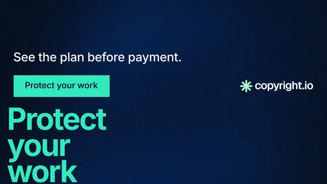 Landscape graphic for copyright.io: "Reposts don't remove themselves." Swiss style, oversized layout, dark palette in blue, black, teal.